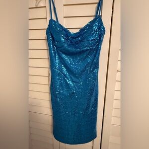 Strapless Sequin Column Dress in Teal Blue